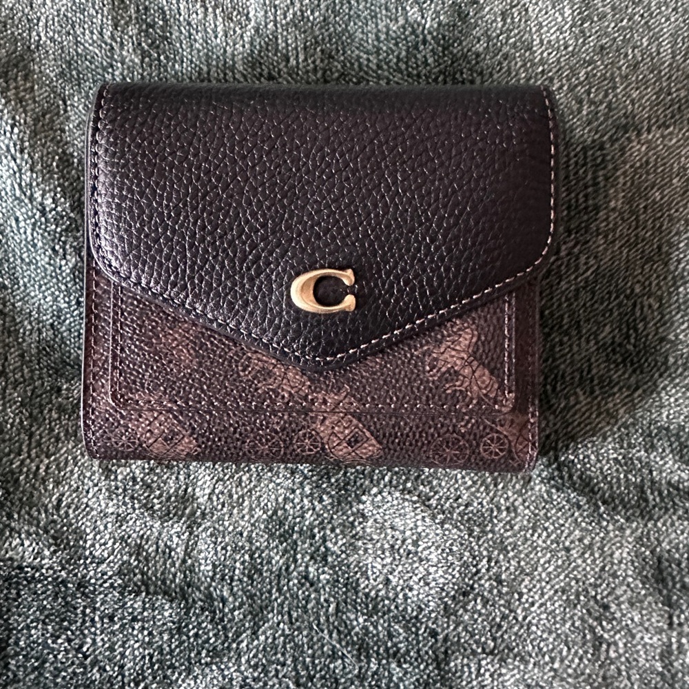 Coach Black and Brown Monogram Small Wallet with Gold Logo